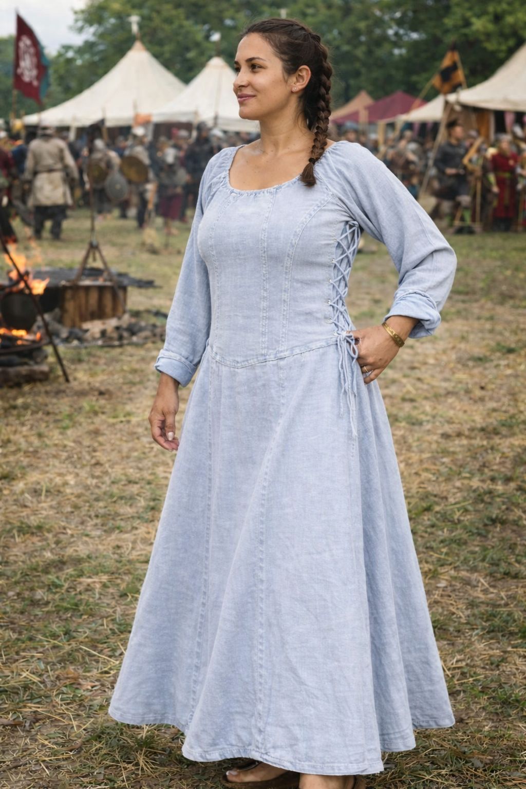 Viking Cotton Dress with Front Lace & Adjustable Side Ties